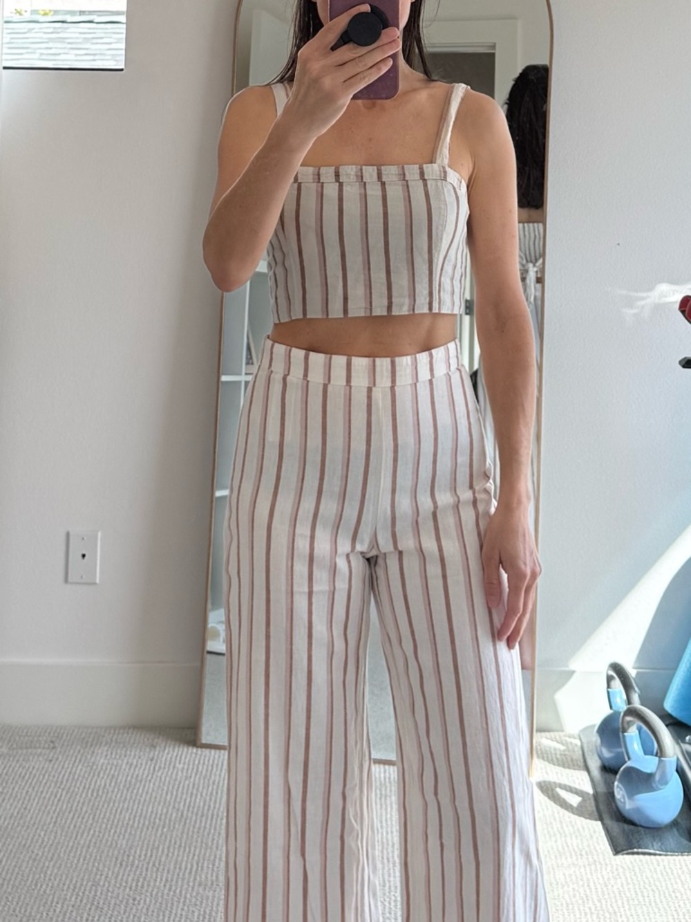 Abercrombie & Fitch White and Taupe Striped Wide-Leg Pants Set